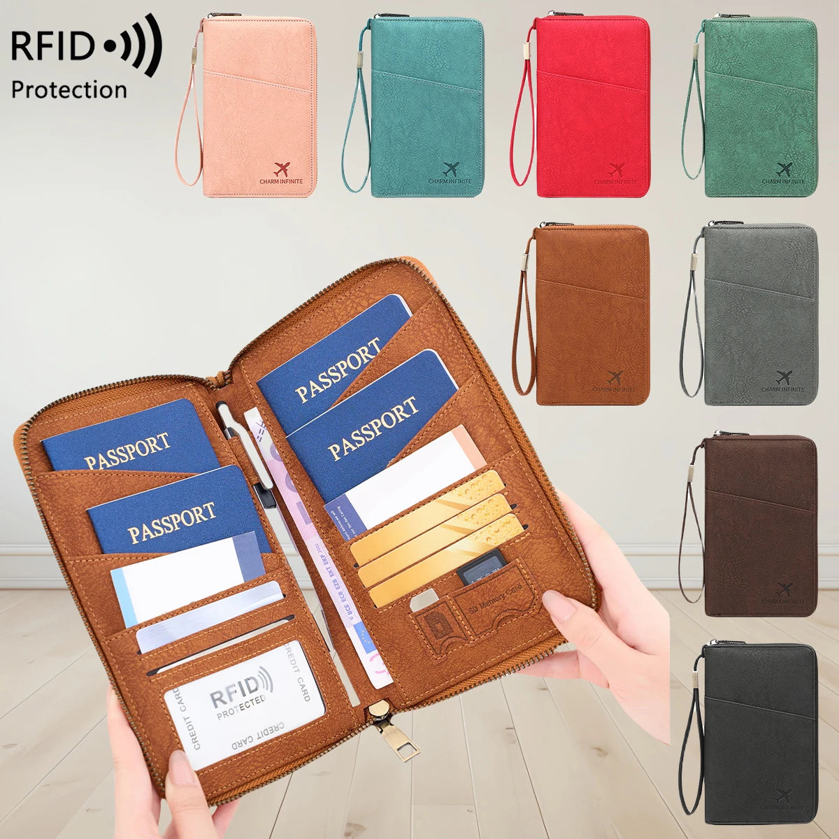 Multi-Functional RFID Blocking Passport Bag Travel Document Holder with Long Zipper Ticket Storage Wallet for Multiple Passports Hauptbild