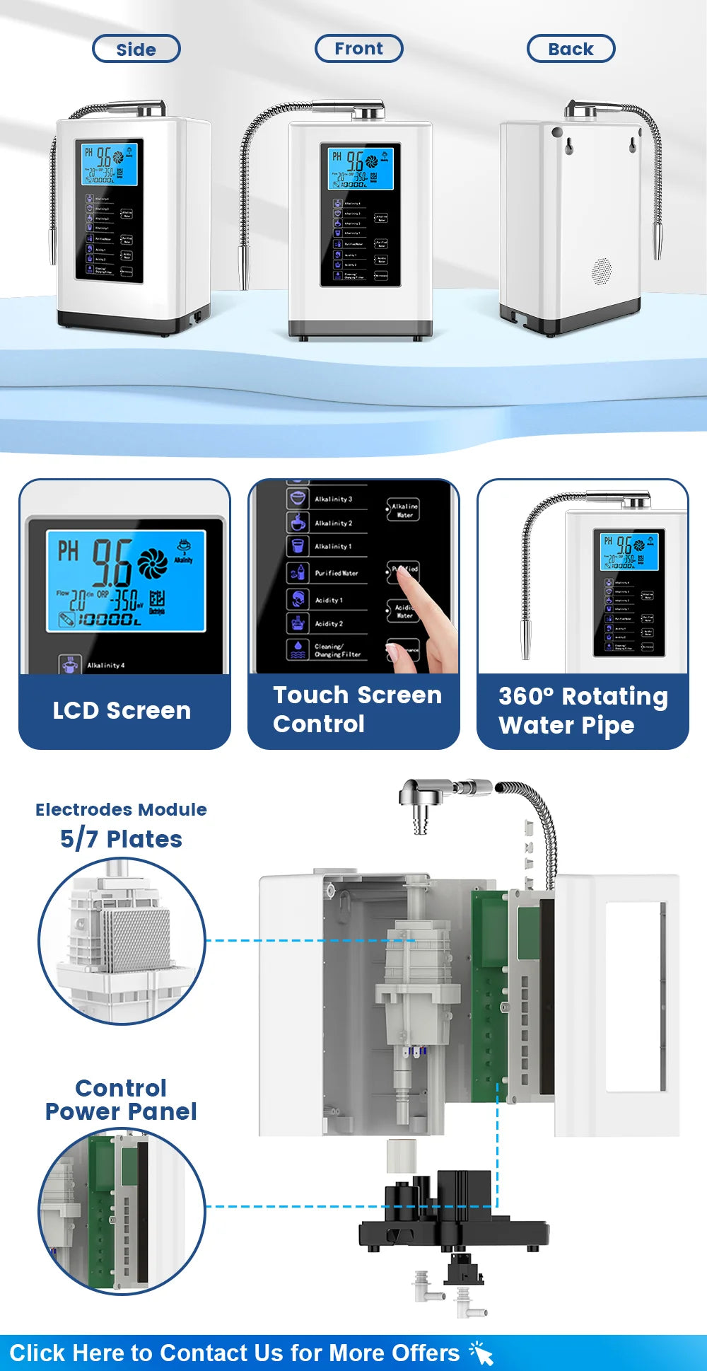 Alkalische Wassermaschine Ionisator PH Wassergerät Alkalischer Wasserspender 5 Platten Platinbeschichtung Alkalischer Wasserionisator