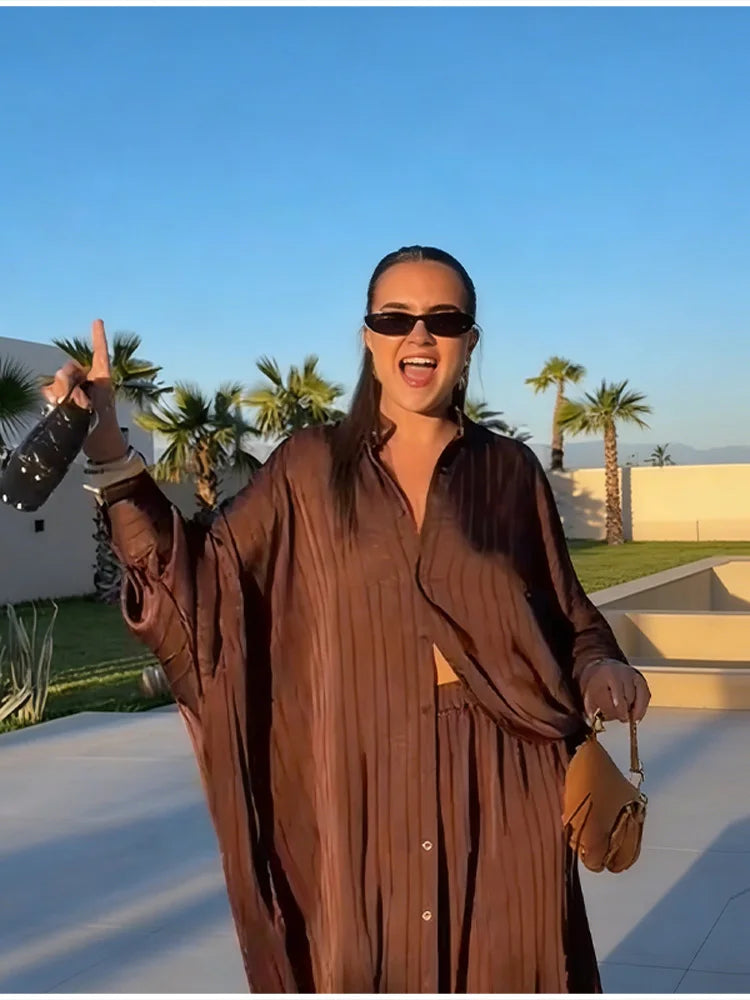 Beiges zweiteiliges Set für Damen, Oversized-Hemd mit Knopfleiste und High-Waist-Hose mit weitem Bein, Y2k Sommer-Urlaubs-Kaftan-Outfit
