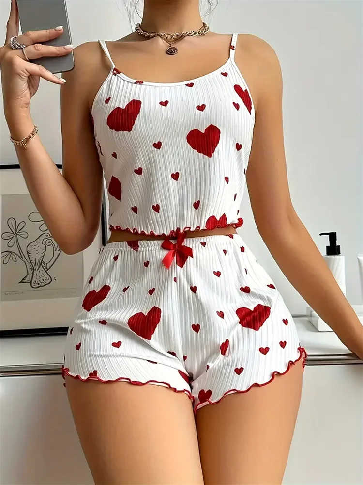5 Größen zur Auswahl: S M L XL 2XL Damen-Pyjama-Set Träger-Nachtwäsche Top + Shorts Rot Herz-Print Nachtwäsche Sexy Dessous
