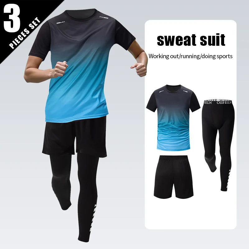 3-teiliger Herren-Sportanzug, schnelltrocknend, mit Farbverlauf, Freizeit-Sport, Laufen, kurze Ärmel, bequeme Sonnencreme, Hose, Joker-Shorts