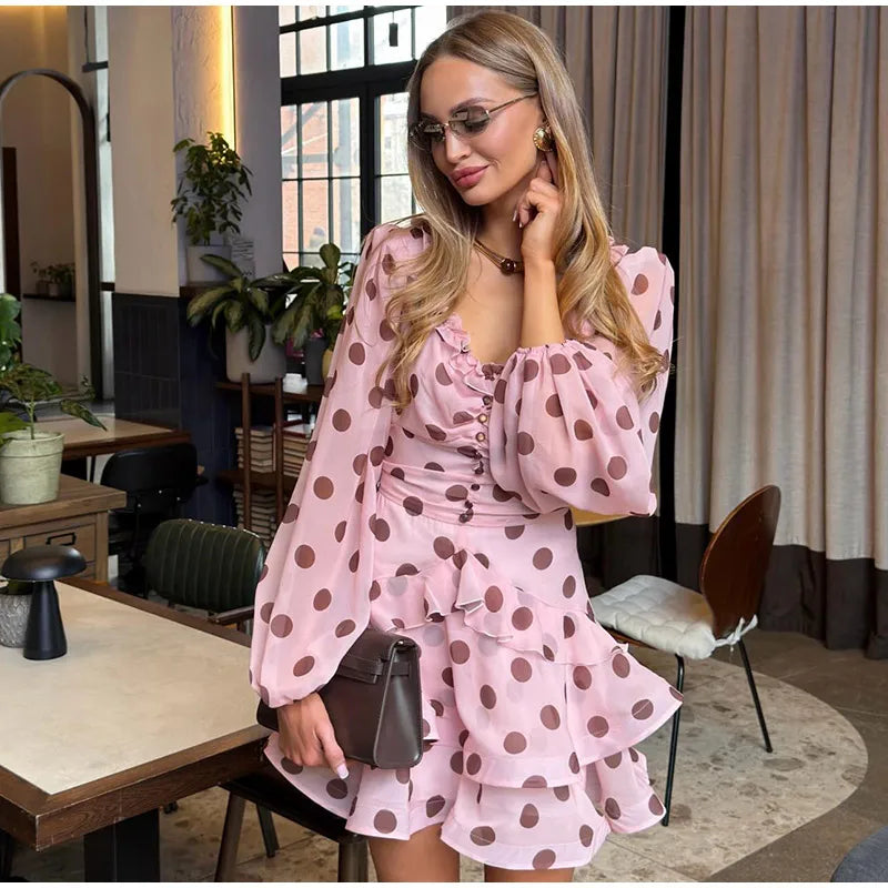 Elegantes Polka Dots Freizeitkleid für Damen Pink Rüschen Langarm A-Linie Sommerkleider Lady Neue Mode Street Robe 2026