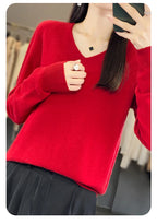 Damen 100% Merinowolle Pullover V-Ausschnitt Basic Pulli Herbst Winter Kaschmir Kleidung Langarm Weiche Strickware Oberteile Unifarben