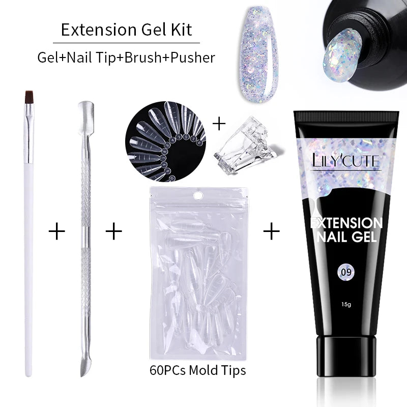 LILYCUTE 15ml Verlängerungsgel-Nagellack-Set Quick Nail Prolong mit Verlängerungsform-Nagelspitzen Acryl-Lösung Maniküre-Werkzeug-Kit