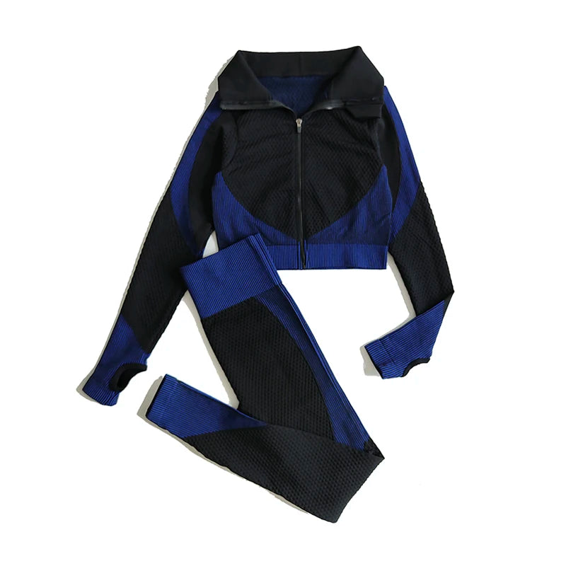 2/3tlg Damen Yoga Anzug Nahtlos Gestrickte Yogahose Leggings Kleidung Reißverschluss Langarm Crop Top Fitnesskleidung Sportbekleidung Gym Set