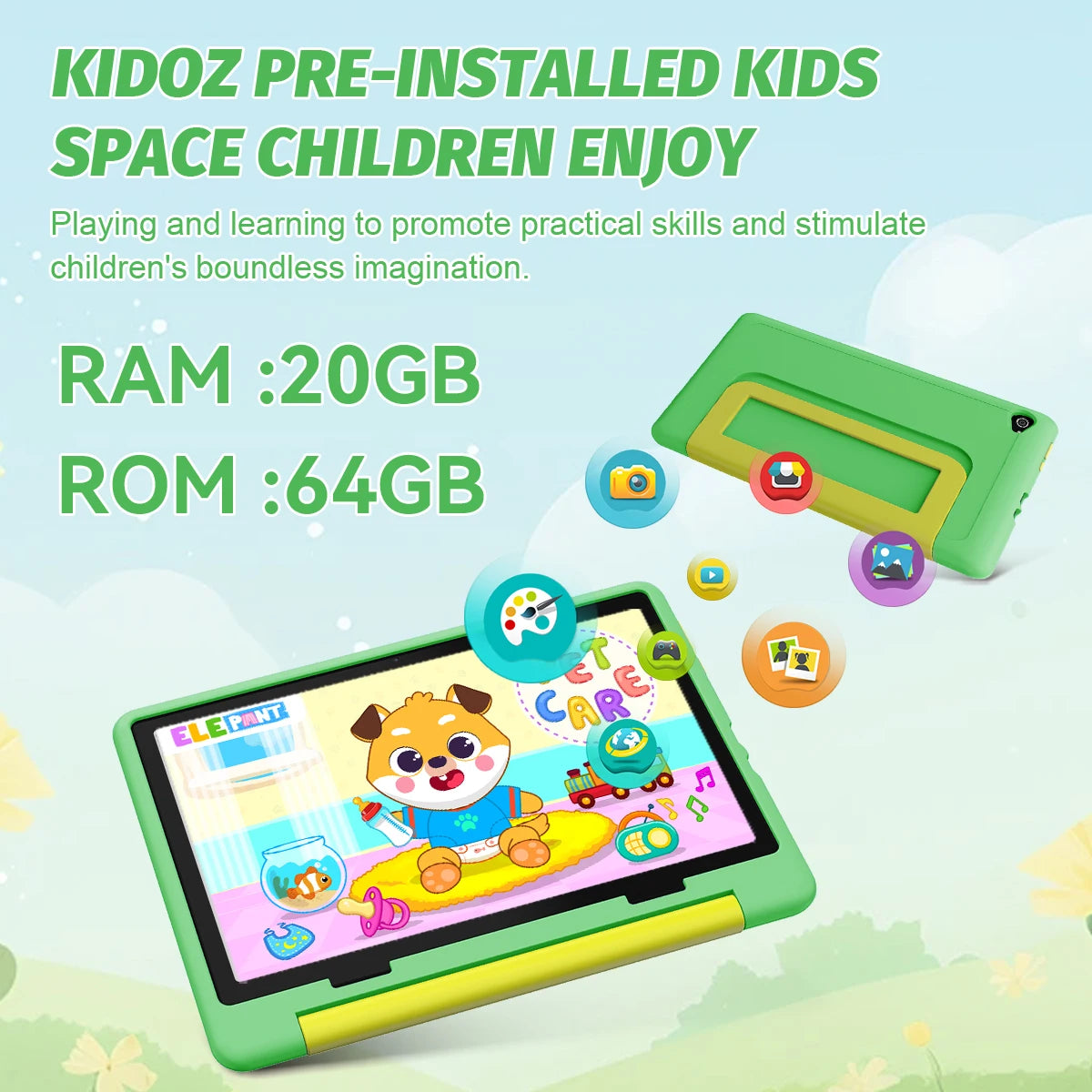 Kinder-Tablet 10 Zoll Android15 20GB RAM 64GB ROM 128GB erweiterbar 5000mAh 8-Core WiFi Bluetooth Kindergeschenk KIDOZ Kindersoftware