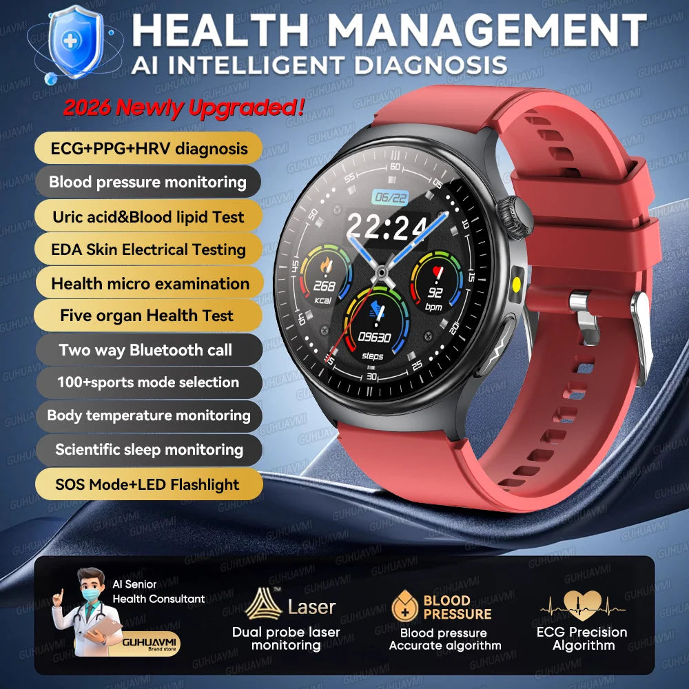 2026 Neue Mikrophysikalische Untersuchung Gesundheits-Smartwatch Herren EKG Harnsäure Lipide Blutdruck BT Anruf Smartwatch Für Android IOS