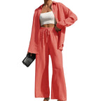 Zweiteiliges Set für Damen: Einfarbiges Hemd mit Knopfleiste und Hose mit weitem Bein und Bindedetail, lässige Bluse mit überschnittenen Schultern und langen Ärmeln & Hose