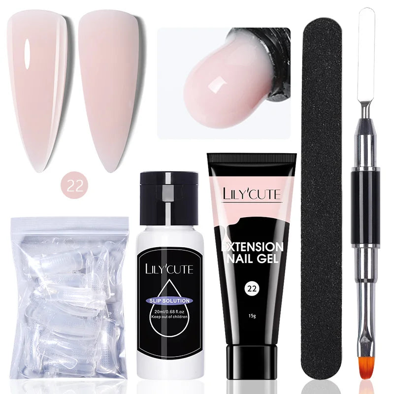 LILYCUTE 15ml Verlängerungsgel-Nagellack-Set Quick Nail Prolong mit Verlängerungsform-Nagelspitzen Acryl-Lösung Maniküre-Werkzeug-Kit