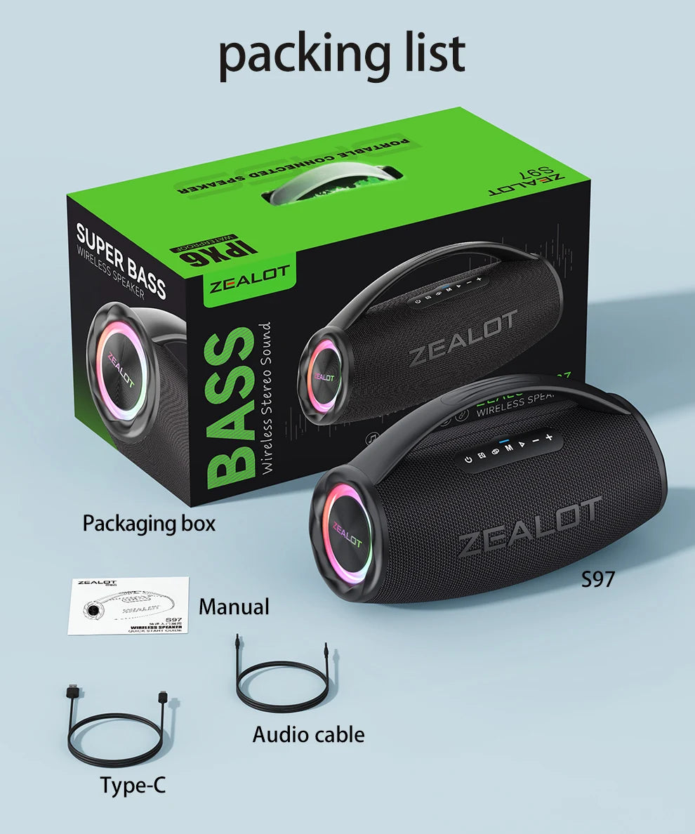 ZEALOT-S97 80W Tragbarer Bluetooth-Outdoor-Lautsprecher, HiFi-Sound, Subwoofer, Dual Pairing, Schnellladefunktion, 16000mAh Akku