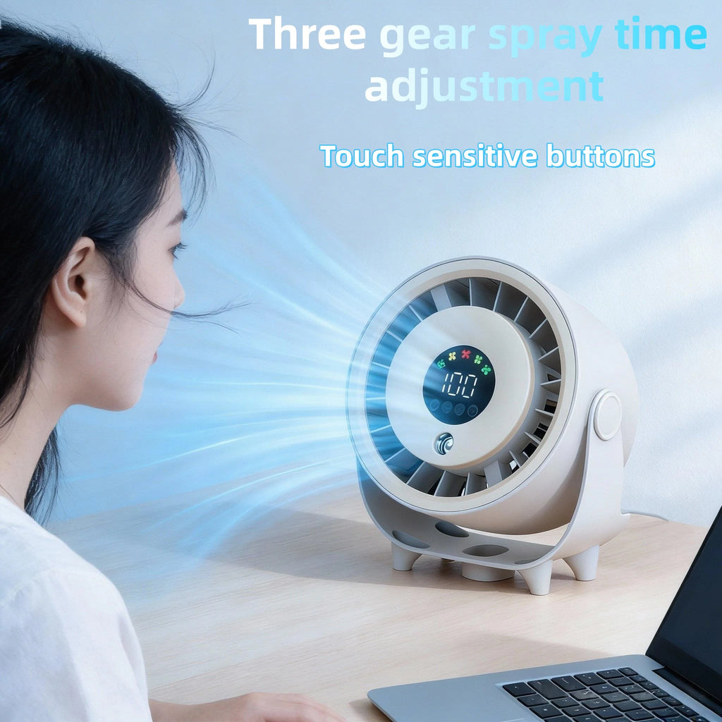 Neuer Sprühnebelventilator, befeuchtend, schnelle Kühlung, Aufhängeloch, geräuscharm, digitale Anzeige, Tastensteuerung der Geschwindigkeit, fein absorbierbar