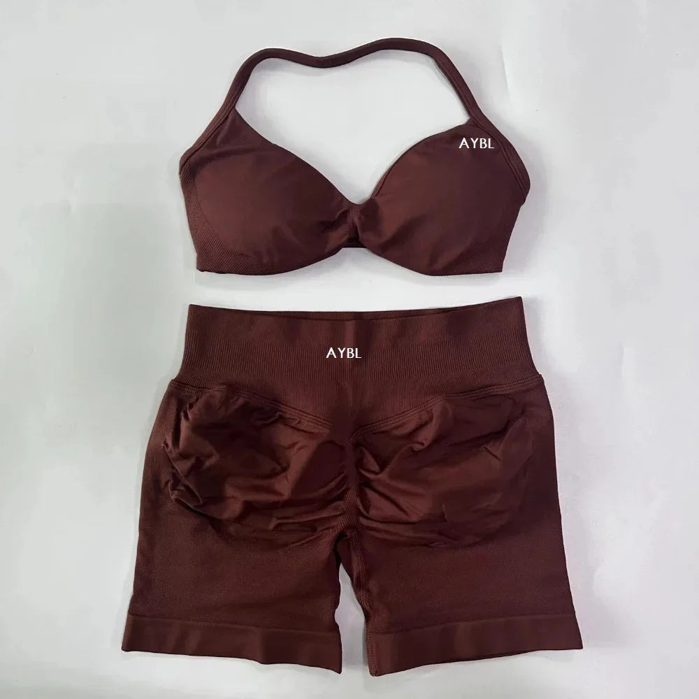 AYBL 2-teiliges Yoga-Set Gym-Set Damen Träger-Yoga-BH Top Hohe Taille Workout Scrunch Shorts Sportanzug Nahtloses Yoga-Set Fitness
