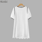 ZANZEA Sommerkleider für Damen, Lochstickerei, O-Ausschnitt, halbe Puffärmel, kontrastfarbene Borte, knielanges Kleid, lässige A-Linien-Roben
