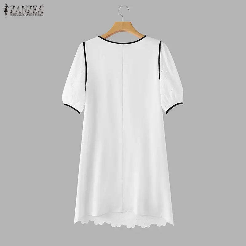 ZANZEA Sommerkleider für Damen, Lochstickerei, O-Ausschnitt, halbe Puffärmel, kontrastfarbene Borte, knielanges Kleid, lässige A-Linien-Roben