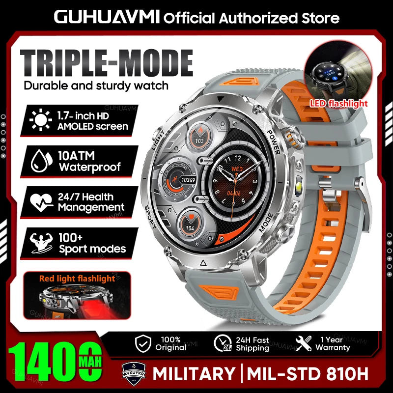 2026 Neue TANK Ultra 1400mAh Akku Militär Smartwatch 10ATM Wasserdicht Herzfrequenz Taktische LED Taschenlampe Herren Sportarmband