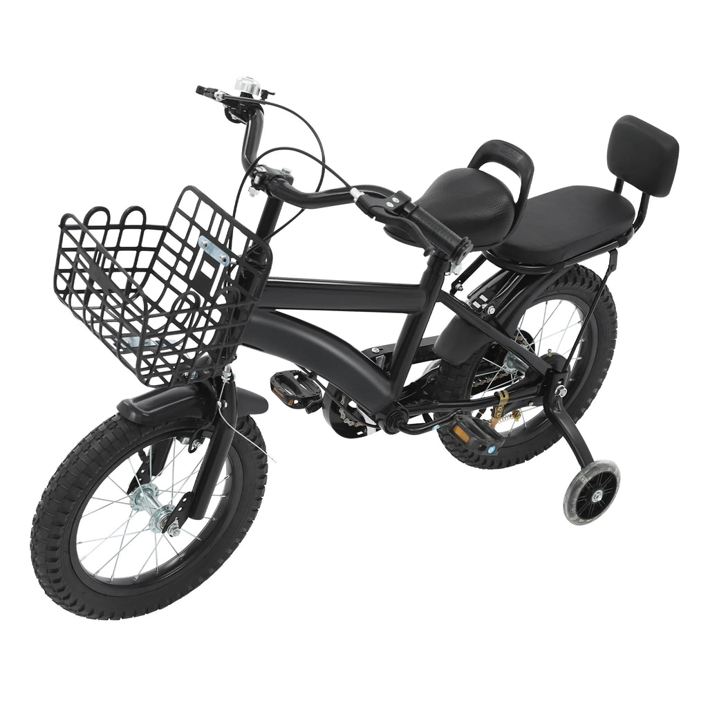 14" Kinderfahrrad Verstellbares Kinderfahrrad Belastbarkeit 60kg mit Stützrädern+Korb+Rückenlehne Rücksitz für 3-7 Jahre (Weiß/Schwarz)
