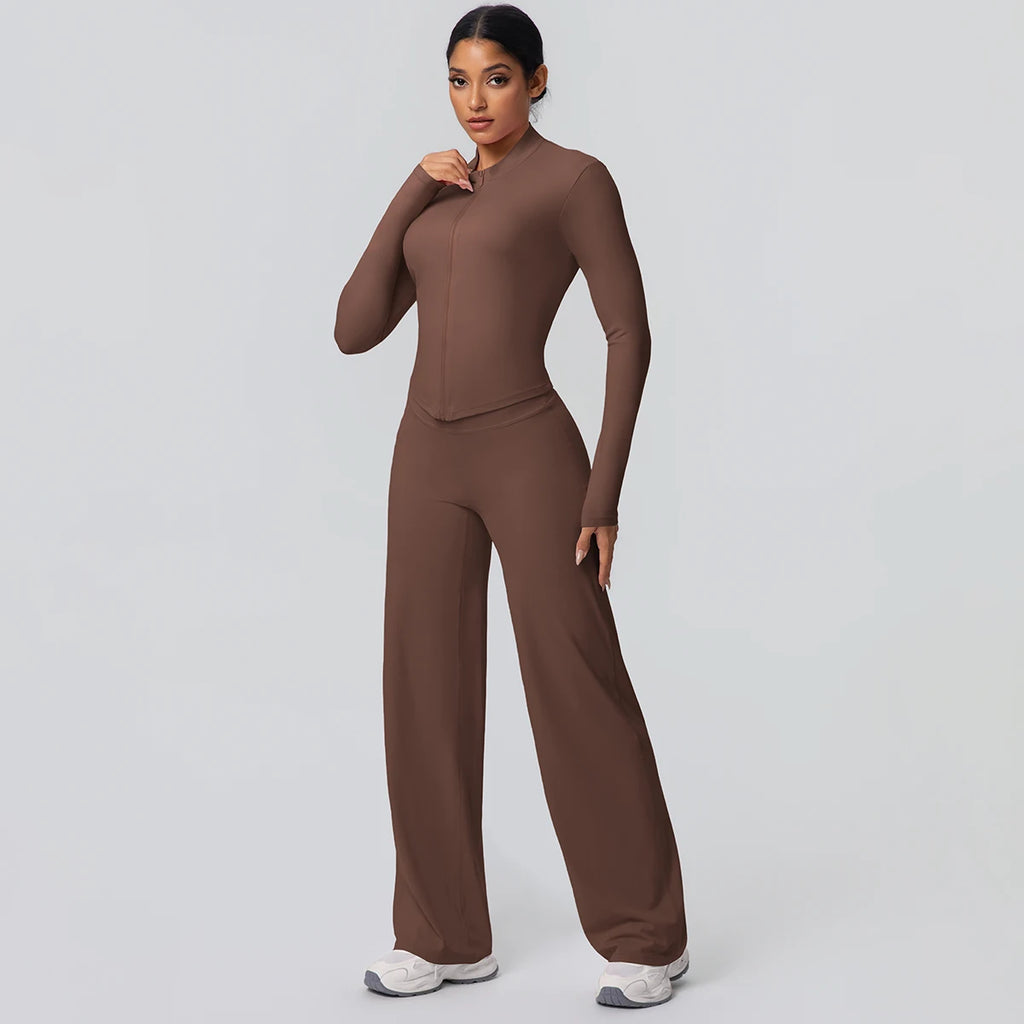 2-teiliges schnelltrocknendes Sport-Fitness-Bekleidung Yoga-Set Damen Yoga Reißverschluss Langarm High Waisted atmungsaktive weite Hose Set