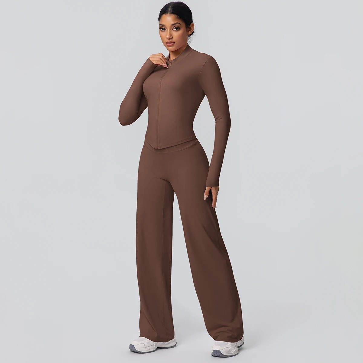 2-teiliges schnelltrocknendes Sport-Fitness-Bekleidung Yoga-Set Damen Yoga Reißverschluss Langarm High Waisted atmungsaktive weite Hose Set