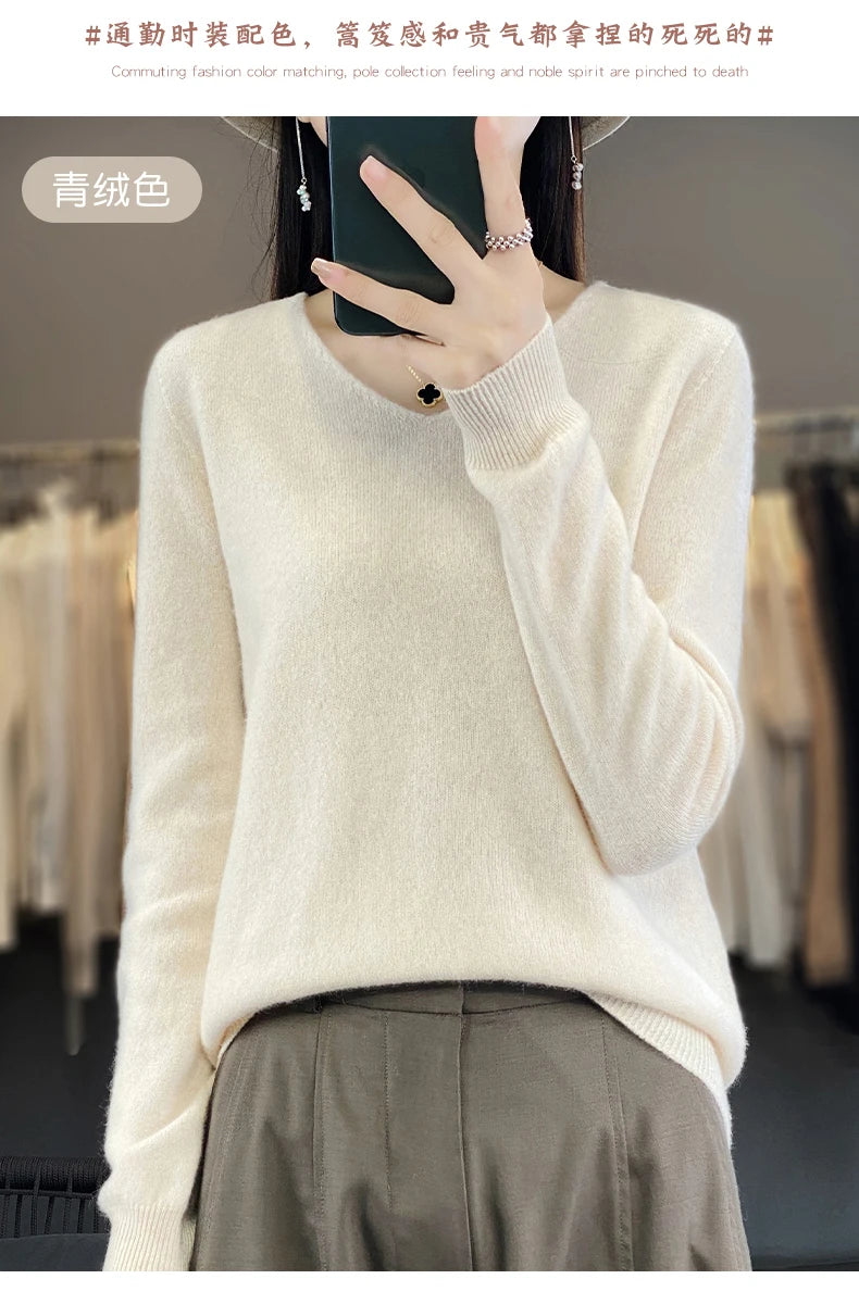 Damen 100% Merinowolle Pullover V-Ausschnitt Basic Pulli Herbst Winter Kaschmir Kleidung Langarm Weiche Strickware Oberteile Unifarben
