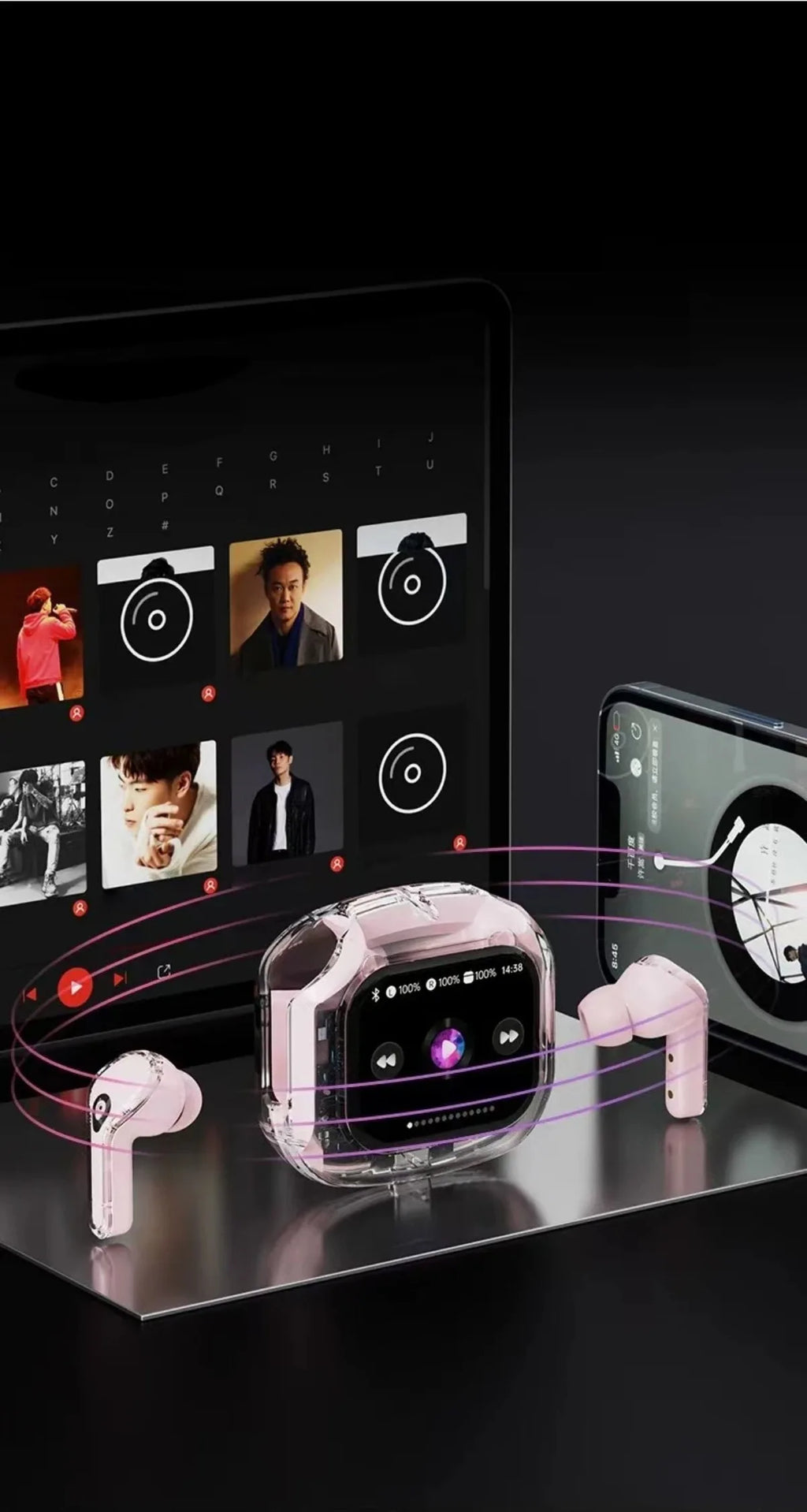 Übersetzung Kopfhörer mit Touchscreen Kabellos Bluetooth 5.4 Smart Earphone HiFi Audio Hohe Qualität Transparente Hülle Headset