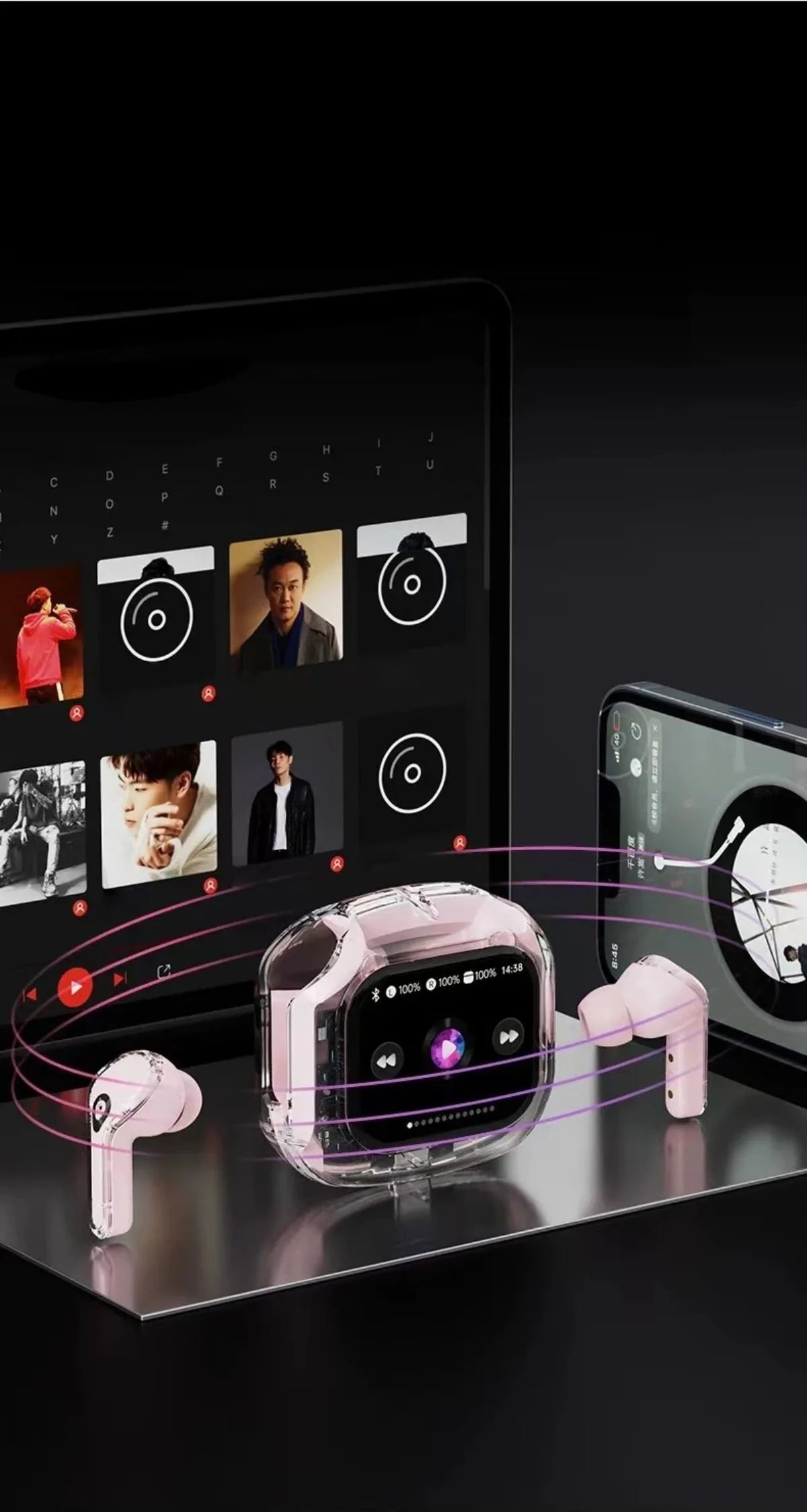 Übersetzung Kopfhörer mit Touchscreen Kabellos Bluetooth 5.4 Smart Earphone HiFi Audio Hohe Qualität Transparente Hülle Headset