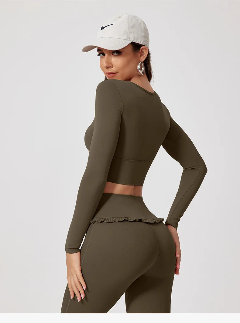 Neues Sommer 2-teiliges Damen-Fitnessstudio Yoga Damen-Outfit Outdoor Sport Schnelltrocknendes Langarmshirt-Set Damen Zweiteiler Sportbekleidung
