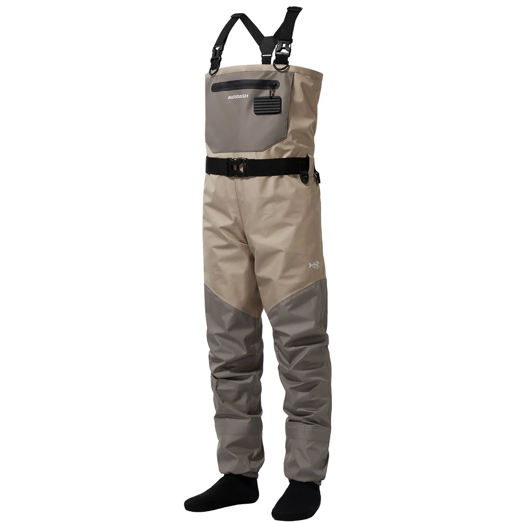 BASSDASH Anglerwathose leicht, mit angesetzten Füßlingen, FW08, für Herren, atmungsaktive Wathose, wasserdicht, zum Fliegenfischen, Brusthöhe