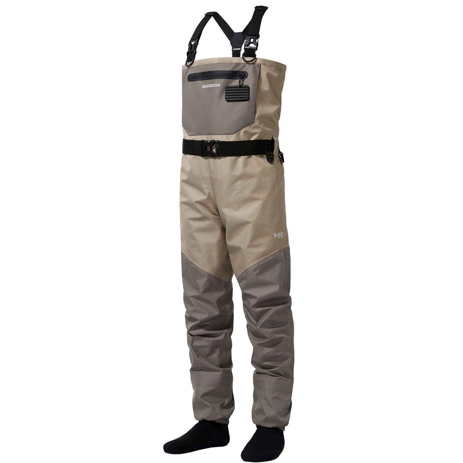 BASSDASH Anglerwathose leicht, mit angesetzten Füßlingen, FW08, für Herren, atmungsaktive Wathose, wasserdicht, zum Fliegenfischen, Brusthöhe