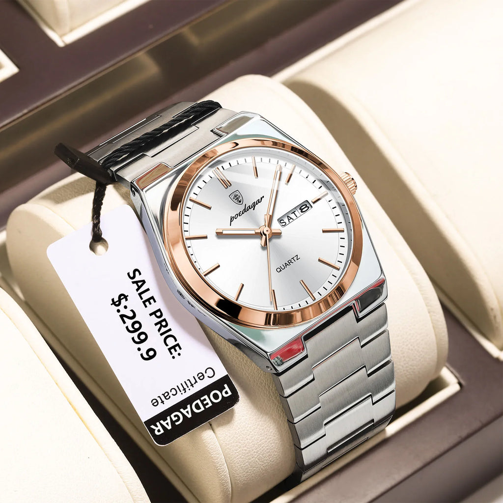 POEDAGAR Luxus Herrenuhren Wasserdicht Leuchtende Datumsanzeige Wochentag Herrenuhr Edelstahl Casual Mode Quarz Herren Armbanduhr Reloj