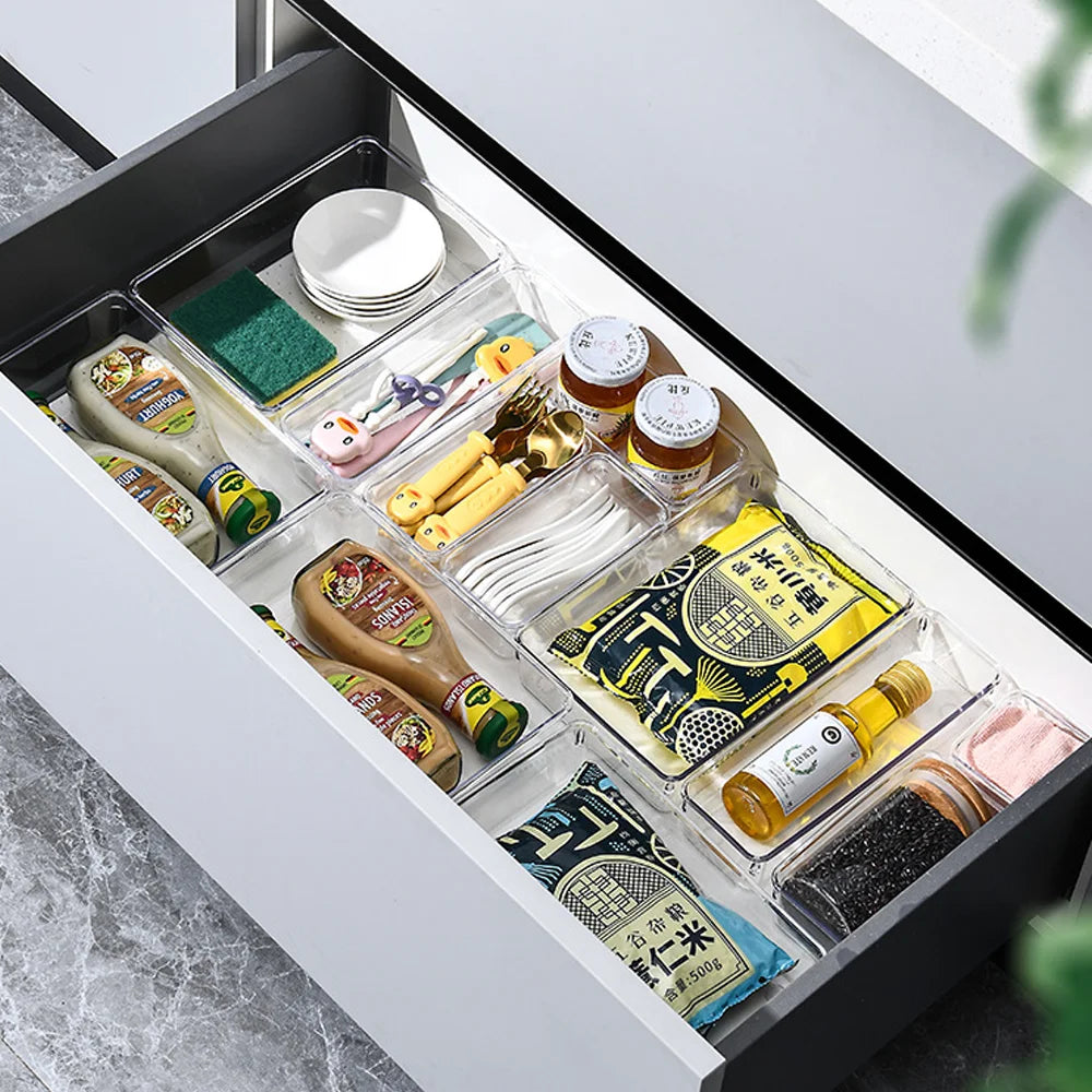 25tlg. Schubladen Organizer Set, durchsichtige Kunststoff-Schreibtischteiler, Behälter, Schlafzimmer-Kommode, Büro-Aufbewahrungsbox für Make-up, Schmuck, Gadgets