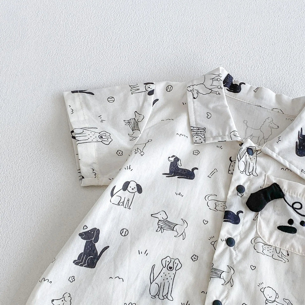 0-2Y Sommer Baby Jungen Kleidung mit Hundemuster, Einreihig, Kleinkind Strampler, Kurzarm, Süßes Baby Jungen Outfit