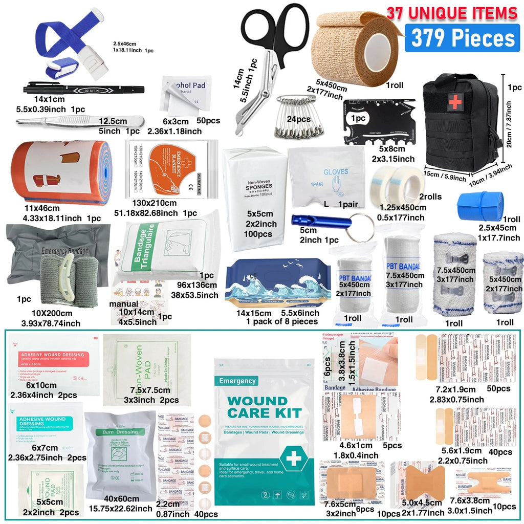379-teiliges Erste-Hilfe-Set für Zuhause und Büro, tragbare Notfalltasche, rotes Survival-Handgepäck für Outdoor-Aktivitäten, Camping, Jagd, Wandern