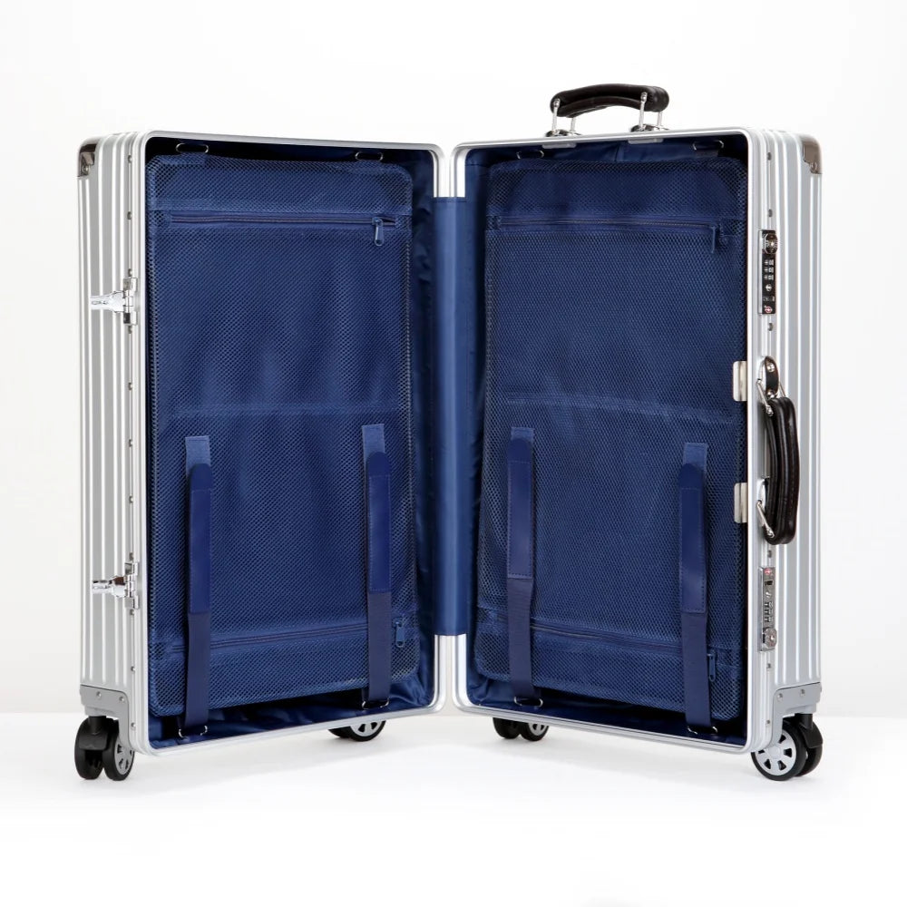Hochwertiger Vintage-Koffer aus Aluminium-Magnesium-Legierung, 20/24/26/29 Zoll leichter Reise-Trolley mit Ledergriff