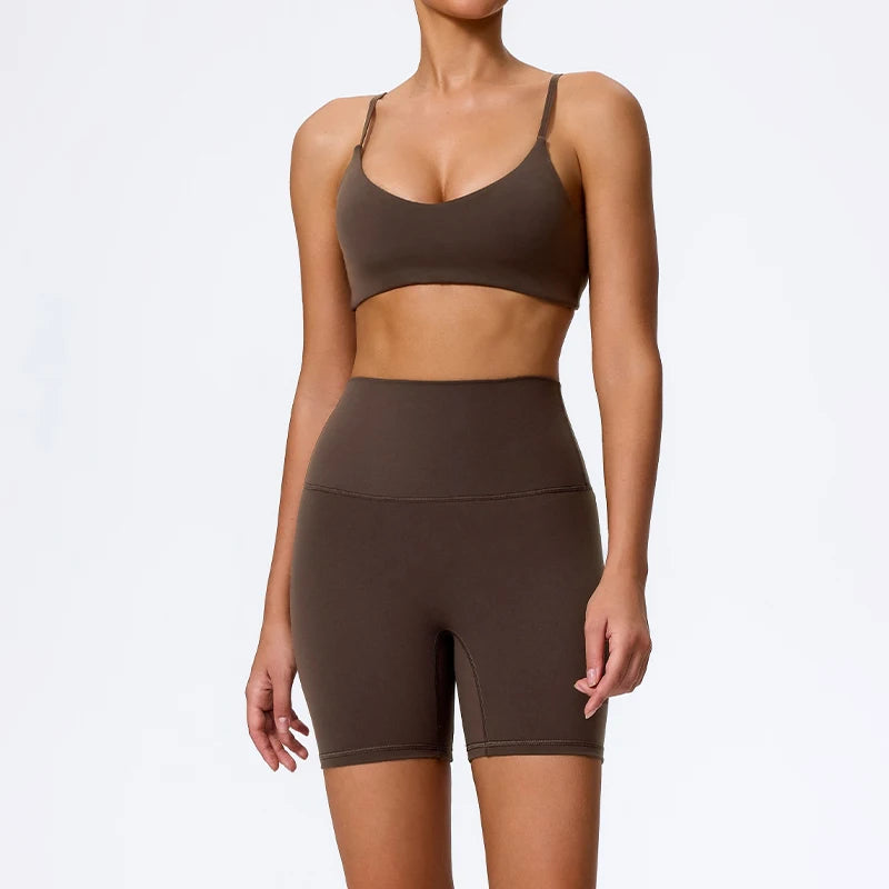 Hearuisavy Sommer Superweiches 2-teiliges Damen-Sportshorts-Set atmungsaktives Fitness-Yoga-BH Freizeit-Push-Up-Workout-Crop-Top