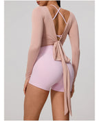 Neue Sommer Damen Yoga Langarm Einteiler Träger Yoga Kleidung Weibliches Training Premium Ballett WickeloberteileFrauen Fitness Sport Top