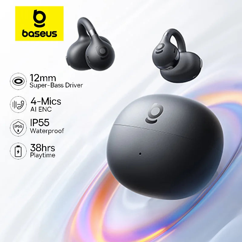 Baseus BC1 Ear-Clip-Ohrhörer Open-Ear Drahtlose Kopfhörer Bluetooth 6.0 Clip-On Sport-Kopfhörer 4 Mikrofone Super Bass IP55 Ohrstöpsel