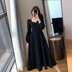 Langärmeliges Kleid mit Puffärmeln, unifarben, elegant, Damenbekleidung, Hochzeitsgast, Neujahr, Damenmode, Hohe Taille, Schmal, Abendpartykleider