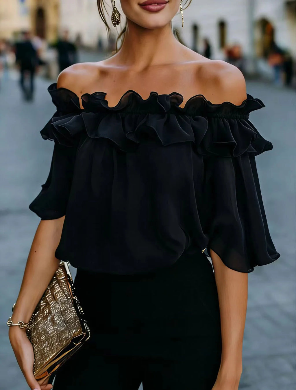 Mode Rüschen Sexy One Shoulder Damen Kurzarmshirt Sommer Neu Lässige Weite Oberteile Weibliche Elegante Vielseitige Bürobluse