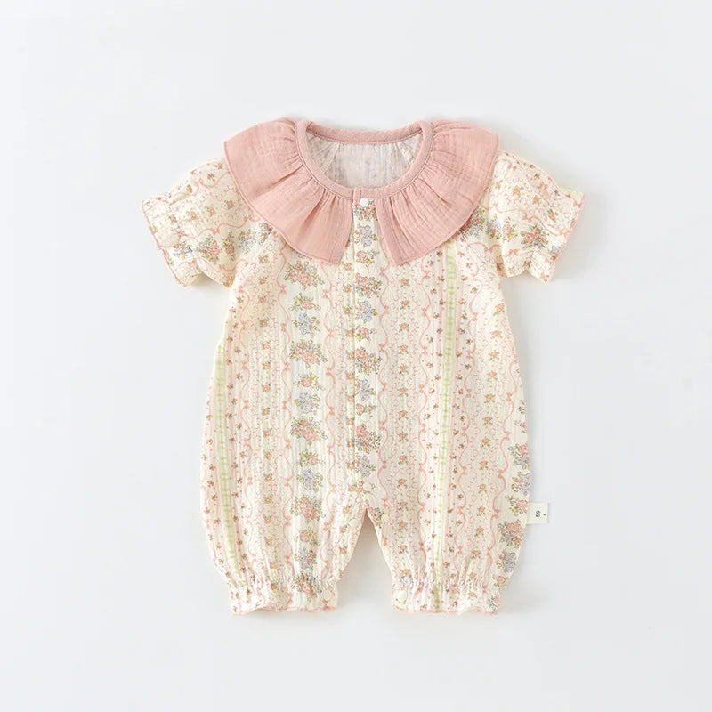Baby Bodysuit Sommer 2026 Blumendruck Baumwolle Peter-Pan-Kragen Puffärmel Strampler für Mädchen Weiches atmungsaktives Outfit