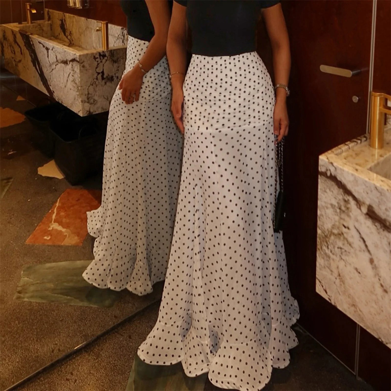 hirigin Tupfen Chiffon-Maxirock Französischer Stil Geraffter Mesh A-Linien-Rock Elegante Maxi-Unterteile Hohe Taille Streetwear