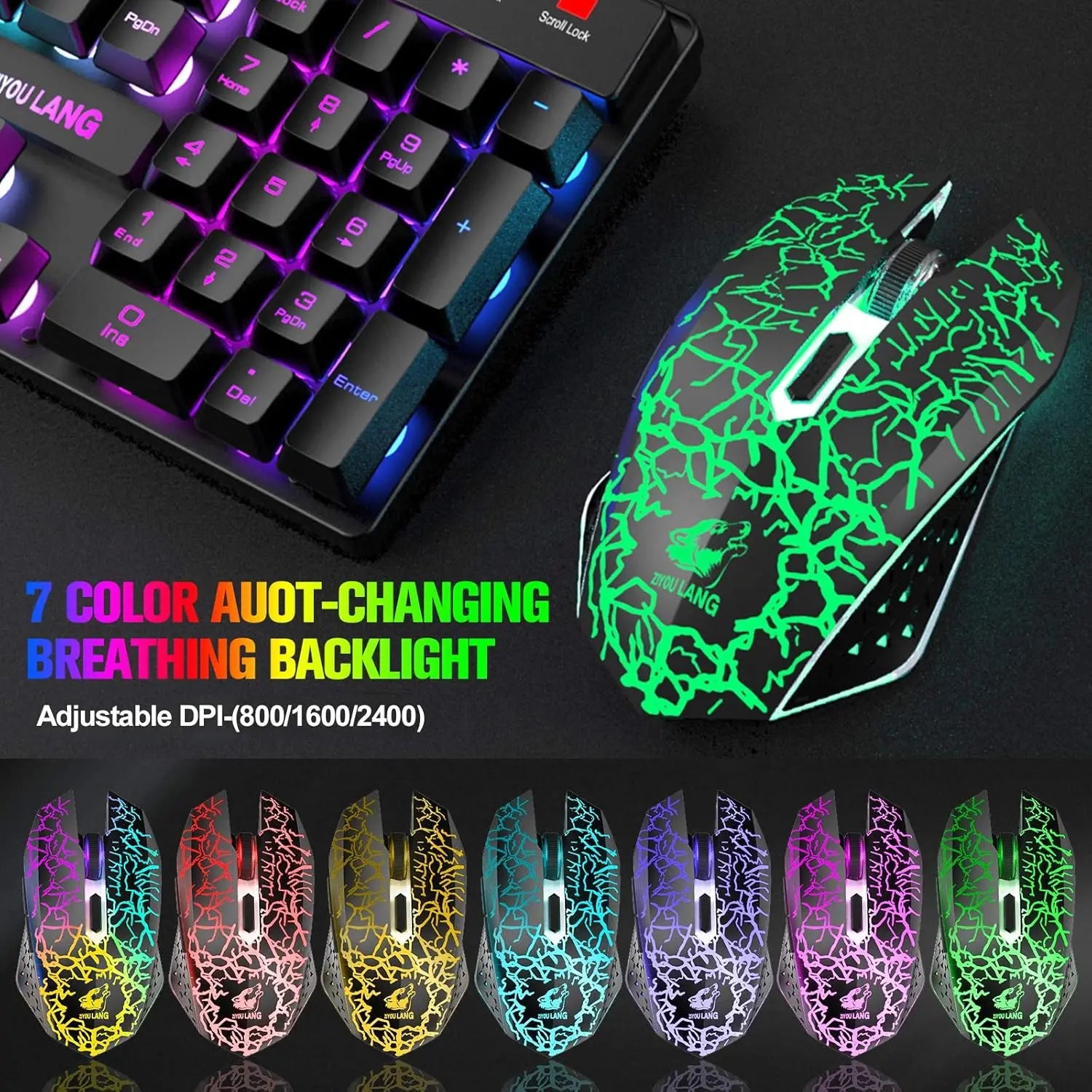T87 Kabellose Tastatur-Maus-Set, Regenbogen-Hintergrundbeleuchtung, wiederaufladbare 2,4G Gaming-Tastatur, 2400 DPI Optische Gaming-Maus mit Mauspad