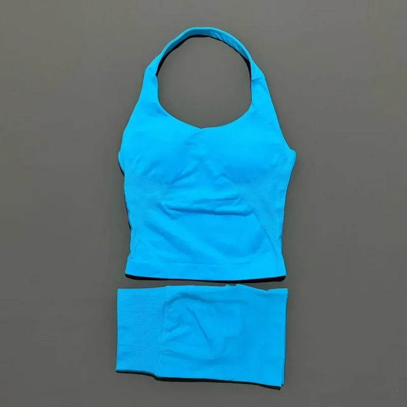 2-teiliges Sportset Damen Rückenloses Tanktop Hohe Taille Scrunch Nahtlose Shorts Fitnesskleidung Activewear Trainingssets Gym Anzug