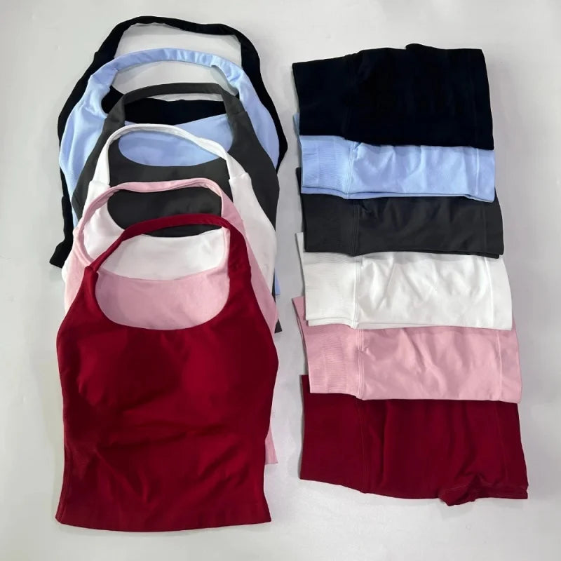 No Logo 2-teiliges Sportset Damen Rückenloses Tanktop Hohe Taille Scrunch Nahtlose Shorts Gym Set Sportbekleidung Workout Set Yoga Hauptbild