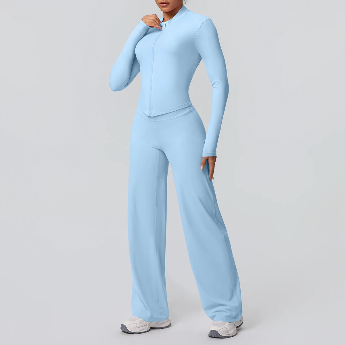2pieces Quick Drying Sports Fitness Clothing Yoga Set Women Yoga Zipper Long Dleeves High Waisted Breathable Wide Leg Pants Set Secondary image