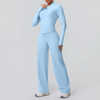 2-teiliges schnelltrocknendes Sport-Fitness-Bekleidung Yoga-Set Damen Yoga Reißverschluss Langarm High Waisted atmungsaktive weite Hose Set