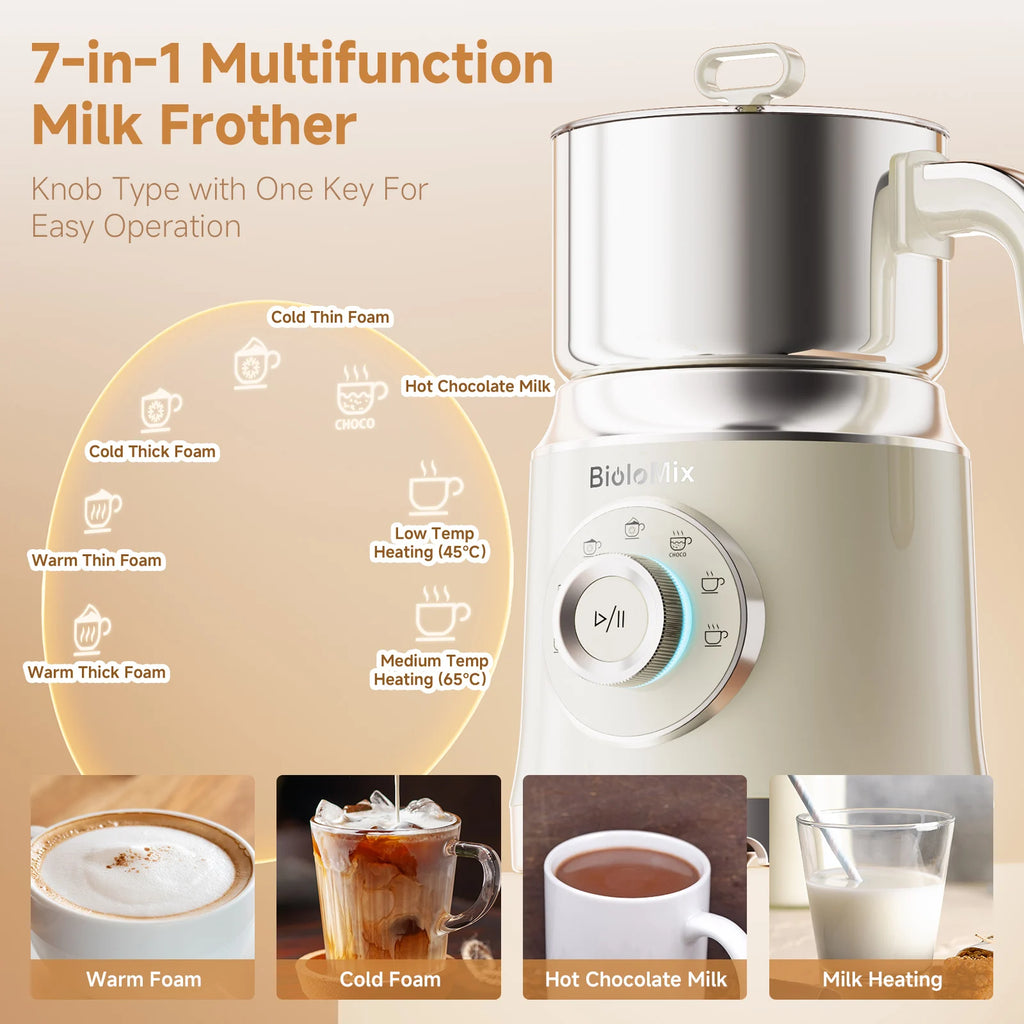 BioloMix 7-in-1 Abnehmbarer elektrischer Milchaufschäumer Dampfer Automatischer Heiß- und Kaltschaumbereiter für Kaffee und heiße Schokolade