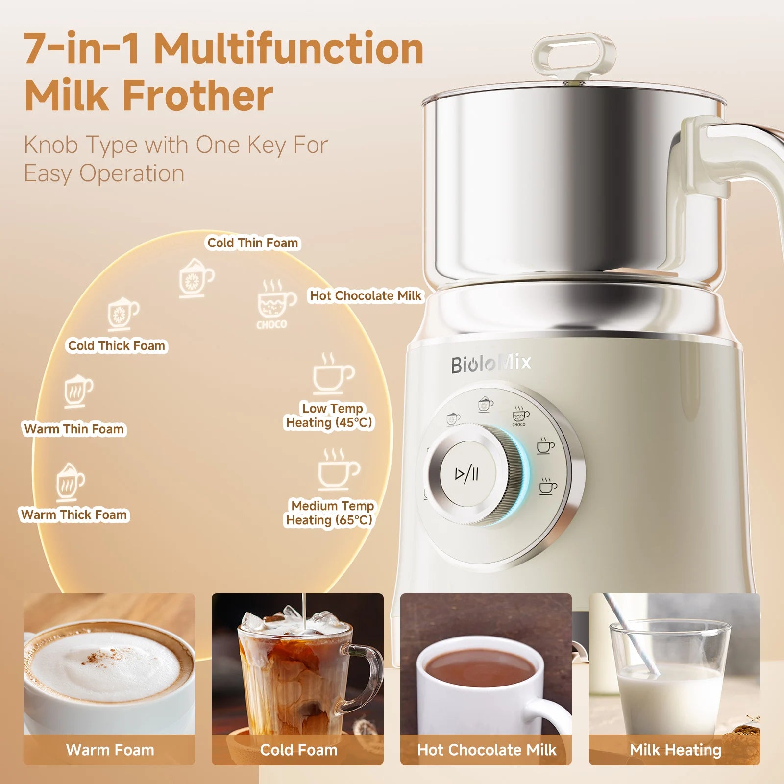 BioloMix 7-in-1 Abnehmbarer elektrischer Milchaufschäumer Dampfer Automatischer Heiß- und Kaltschaumbereiter für Kaffee und heiße Schokolade