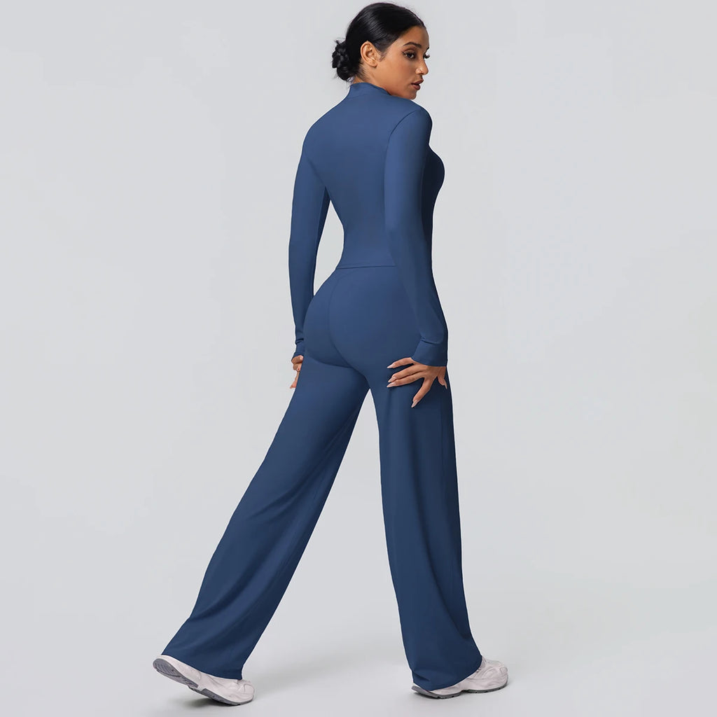 2-teiliges schnelltrocknendes Sport-Fitness-Bekleidung Yoga-Set Damen Yoga Reißverschluss Langarm High Waisted atmungsaktive weite Hose Set