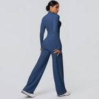 2-teiliges schnelltrocknendes Sport-Fitness-Bekleidung Yoga-Set Damen Yoga Reißverschluss Langarm High Waisted atmungsaktive weite Hose Set