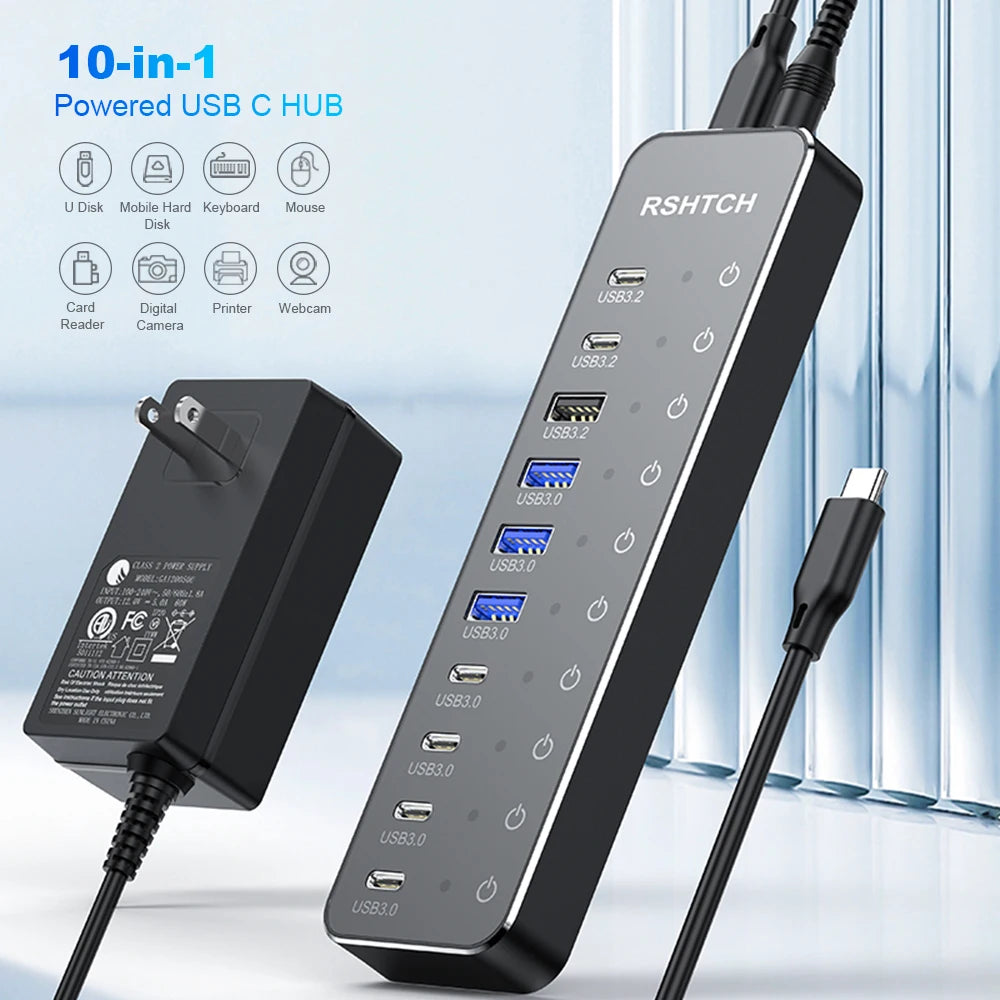 RSHTECH 10-in-1 USB-C Hub 10 Gbit/s USB-C mit individuellen Touch-Schaltern Multiport-Splitter Dockingstation für MacBook Laptops PC Hauptbild